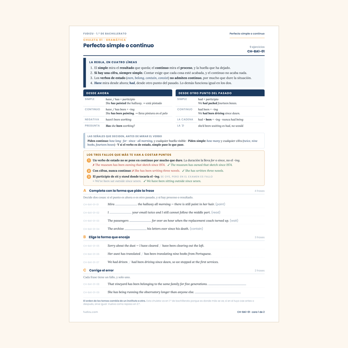 Chuleta de present perfect continuous y past perfect continuous de 1º Bachillerato