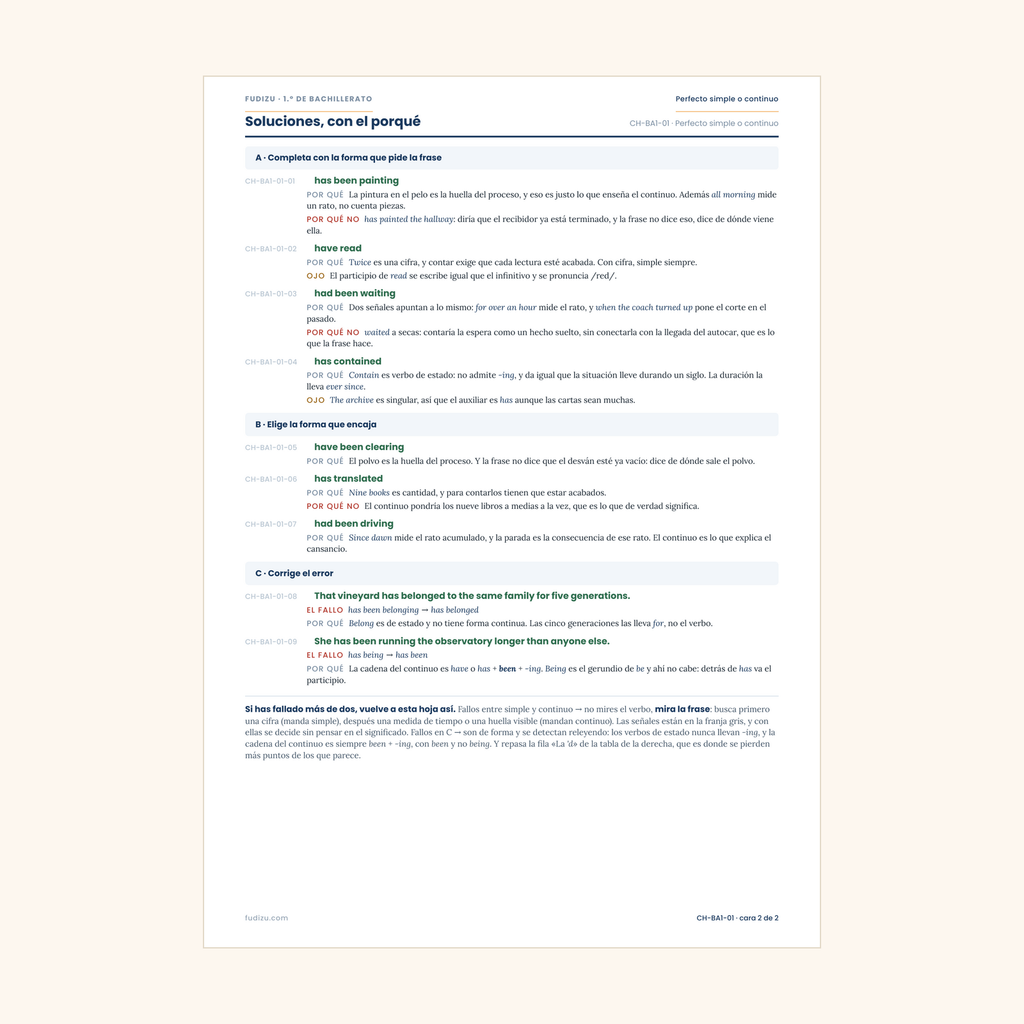 Chuleta de present perfect continuous y past perfect continuous de 1º Bachillerato