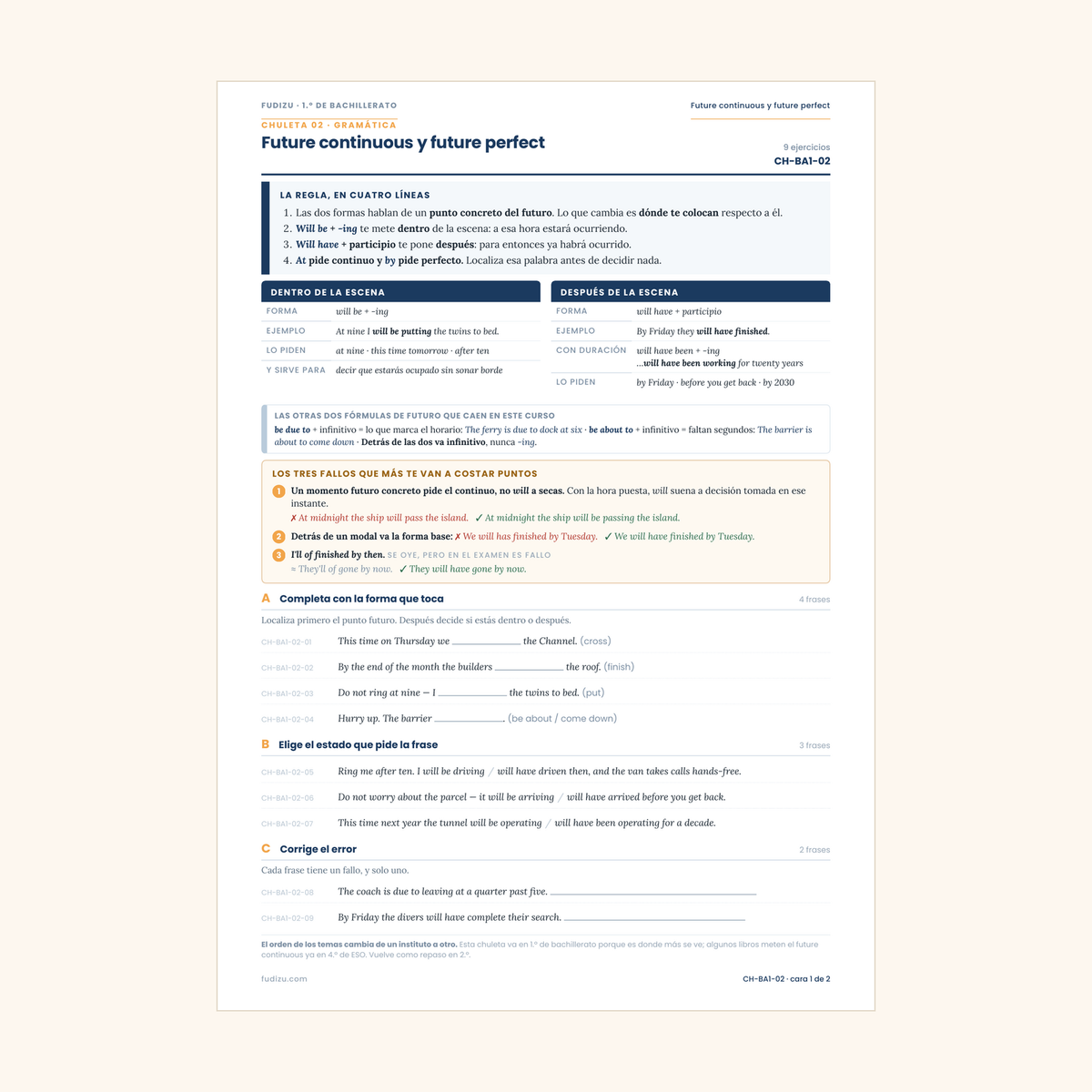 Chuleta de future continuous y future perfect de 1º Bachillerato