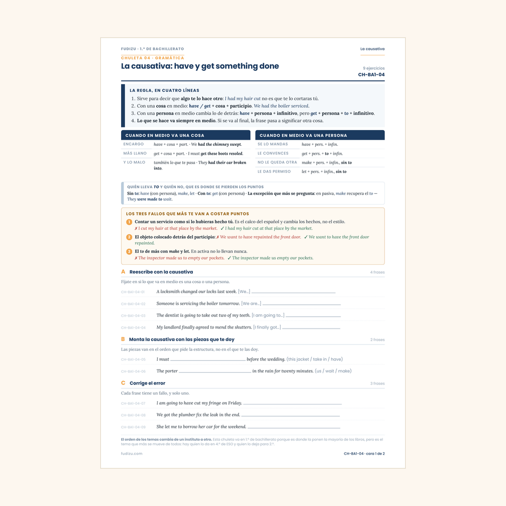 Chuleta de la causativa: have / get something done de 1º Bachillerato