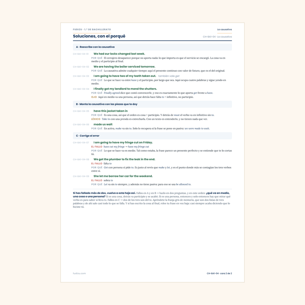 Chuleta de la causativa: have / get something done de 1º Bachillerato