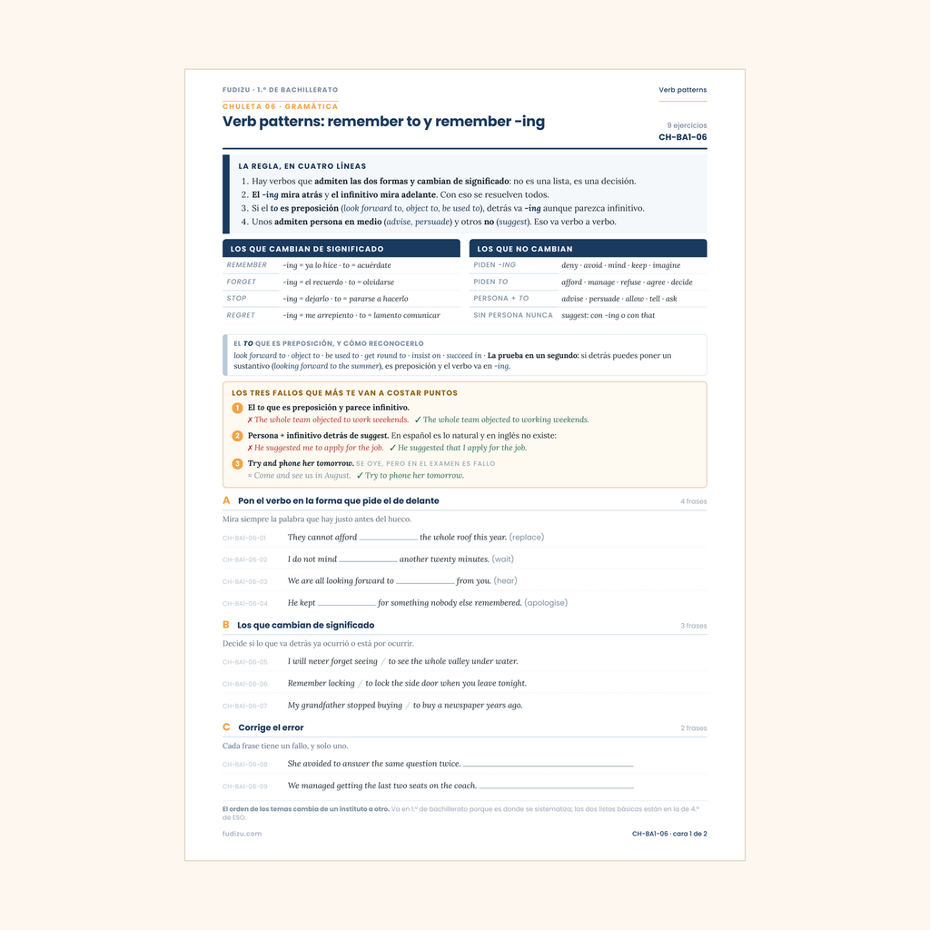 Chuleta de verb patterns: remember to / remember -ing de 1º Bachillerato