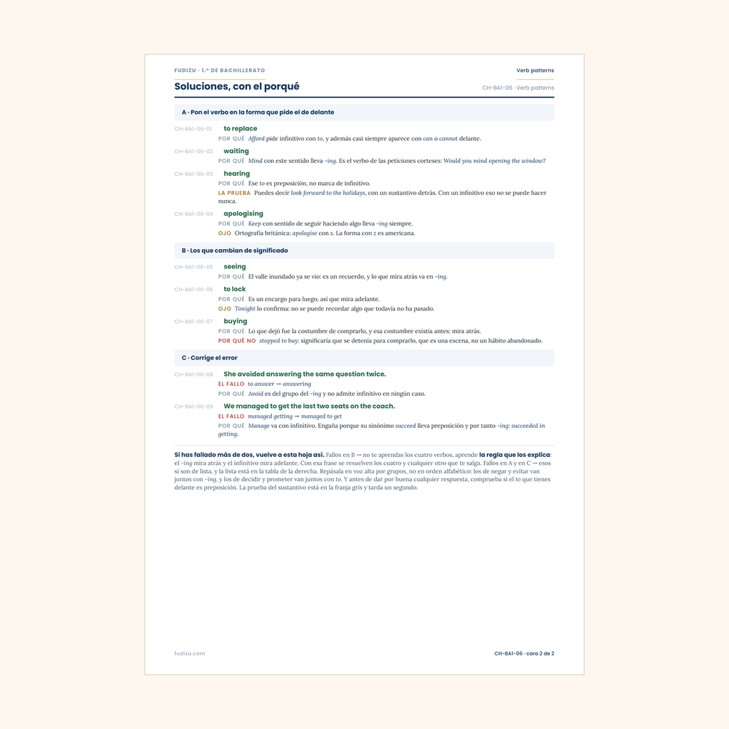 Chuleta de verb patterns: remember to / remember -ing de 1º Bachillerato