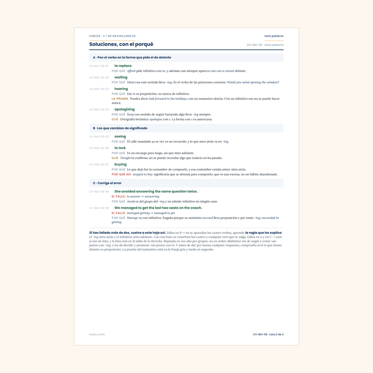 Chuleta de verb patterns: remember to / remember -ing de 1º Bachillerato