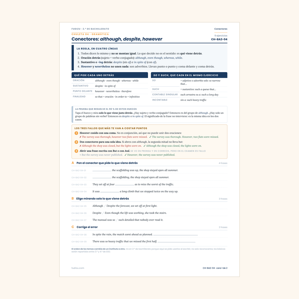 Chuleta de conectores: although, despite, however de 2º Bachillerato