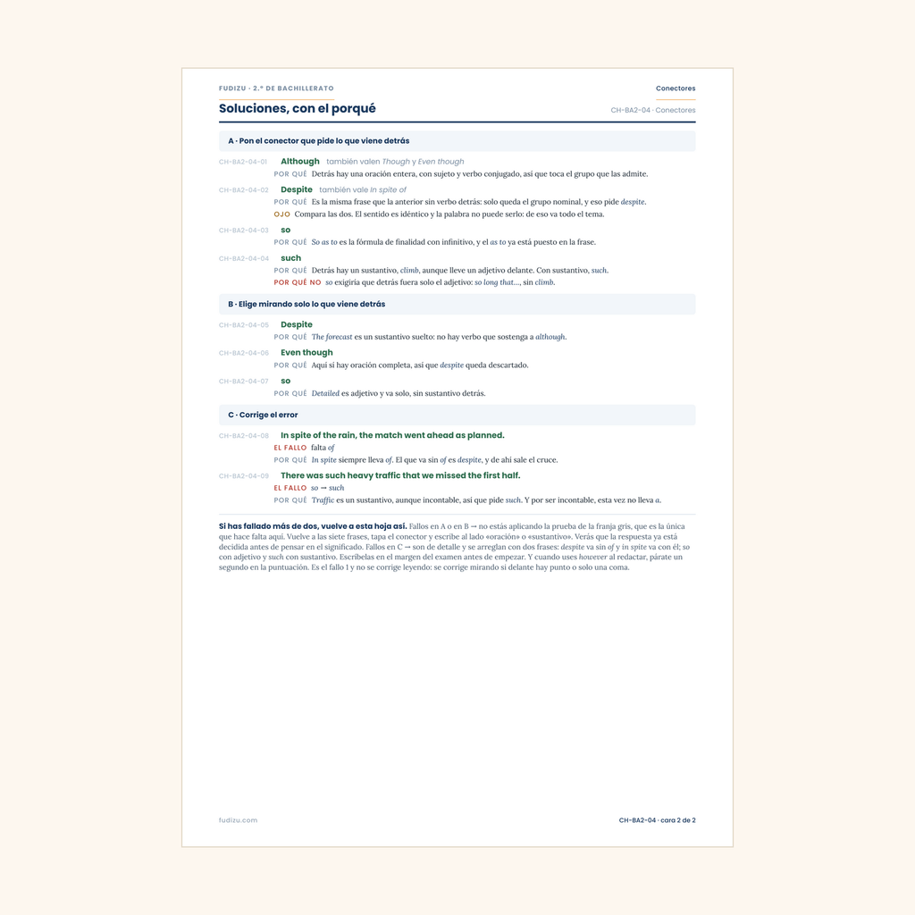 Chuleta de conectores: although, despite, however de 2º Bachillerato