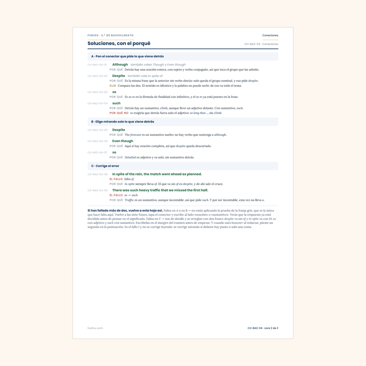 Chuleta de conectores: although, despite, however de 2º Bachillerato