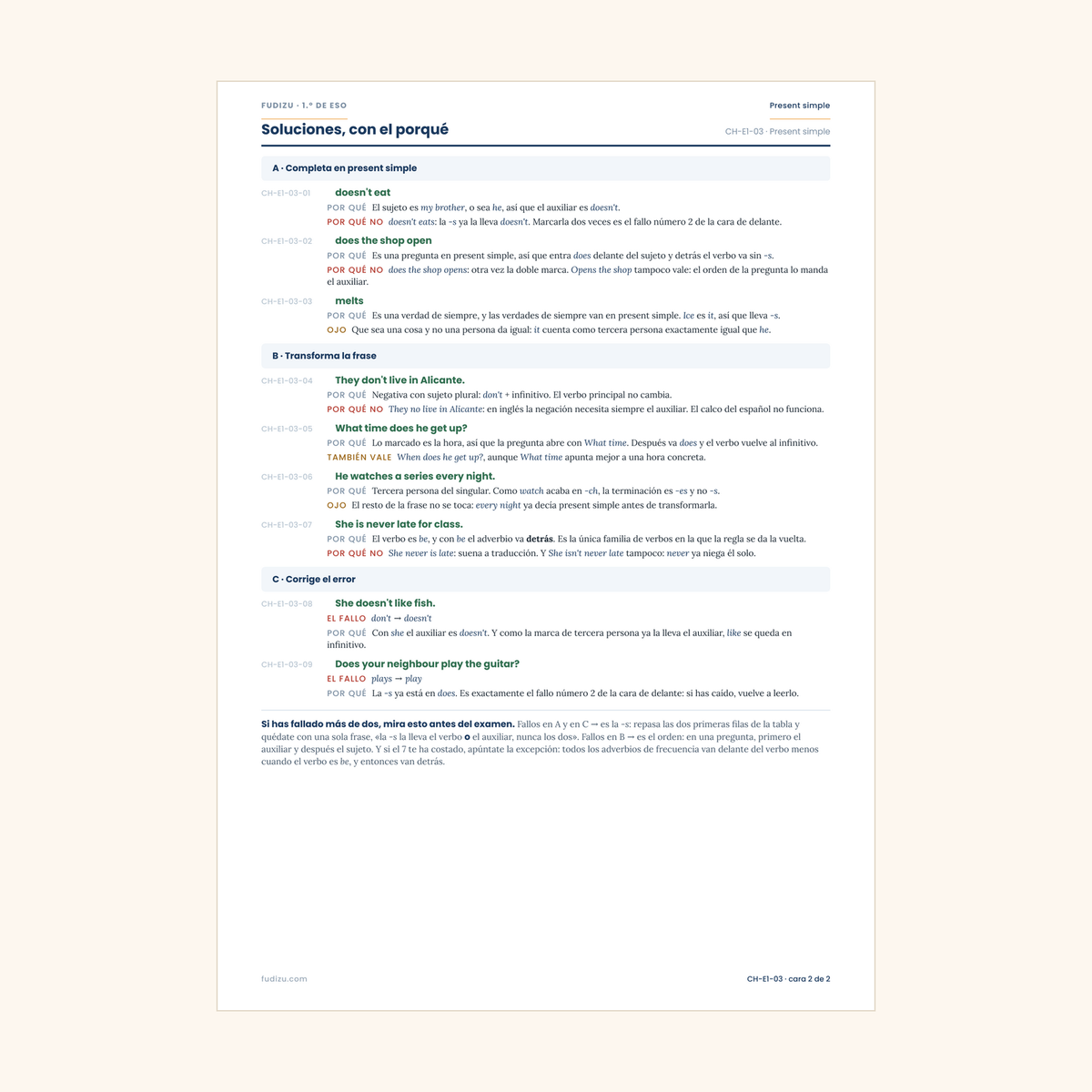 Chuleta de present simple y los adverbios de frecuencia de 1º ESO