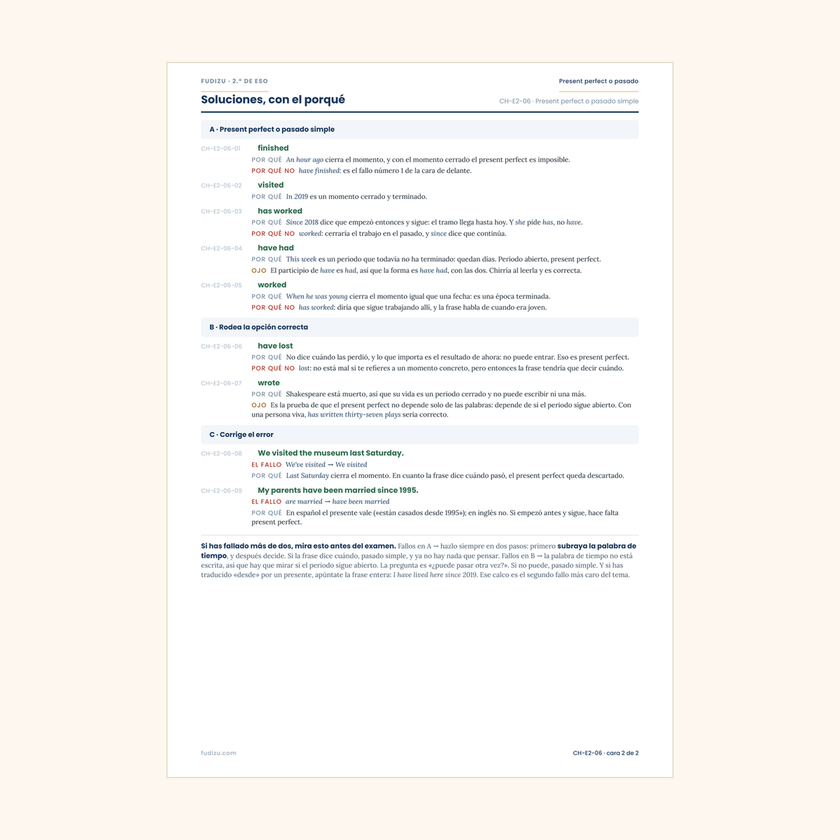 Chuleta de present perfect o pasado simple: cuál va cuándo de 2º ESO