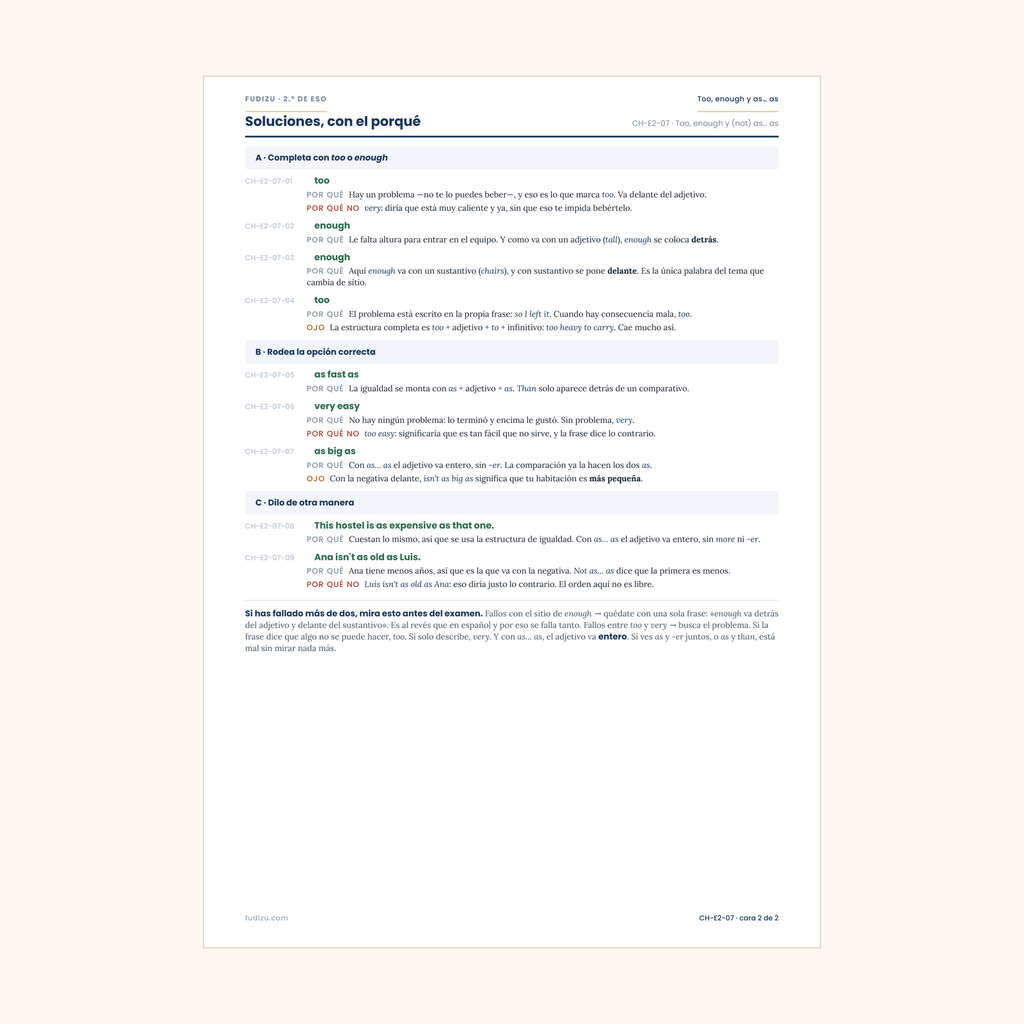 Chuleta de too, enough y (not) as… as de 2º ESO