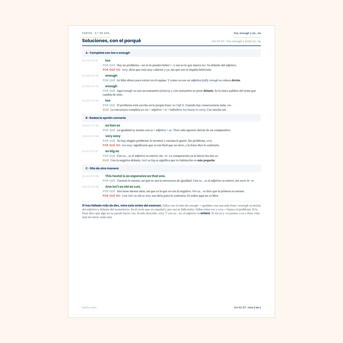 Chuleta de too, enough y (not) as… as de 2º ESO