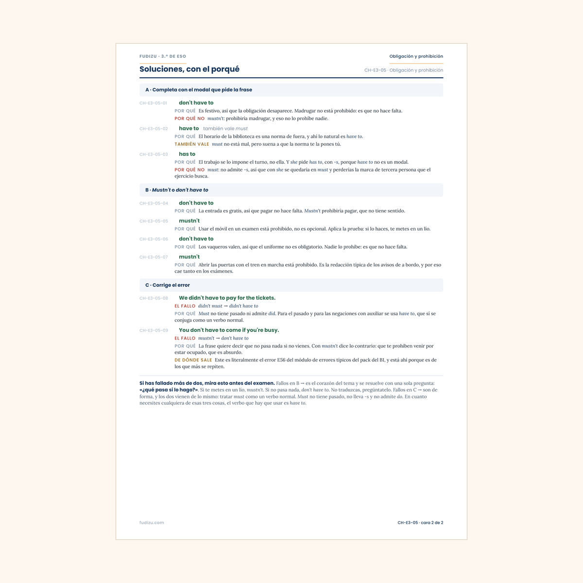 Chuleta de obligación: must, have to, mustn't, don't have to de 3º ESO