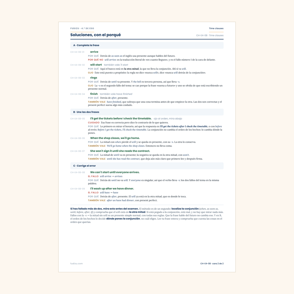 Chuleta de time clauses: when, as soon as, until, before de 4º ESO