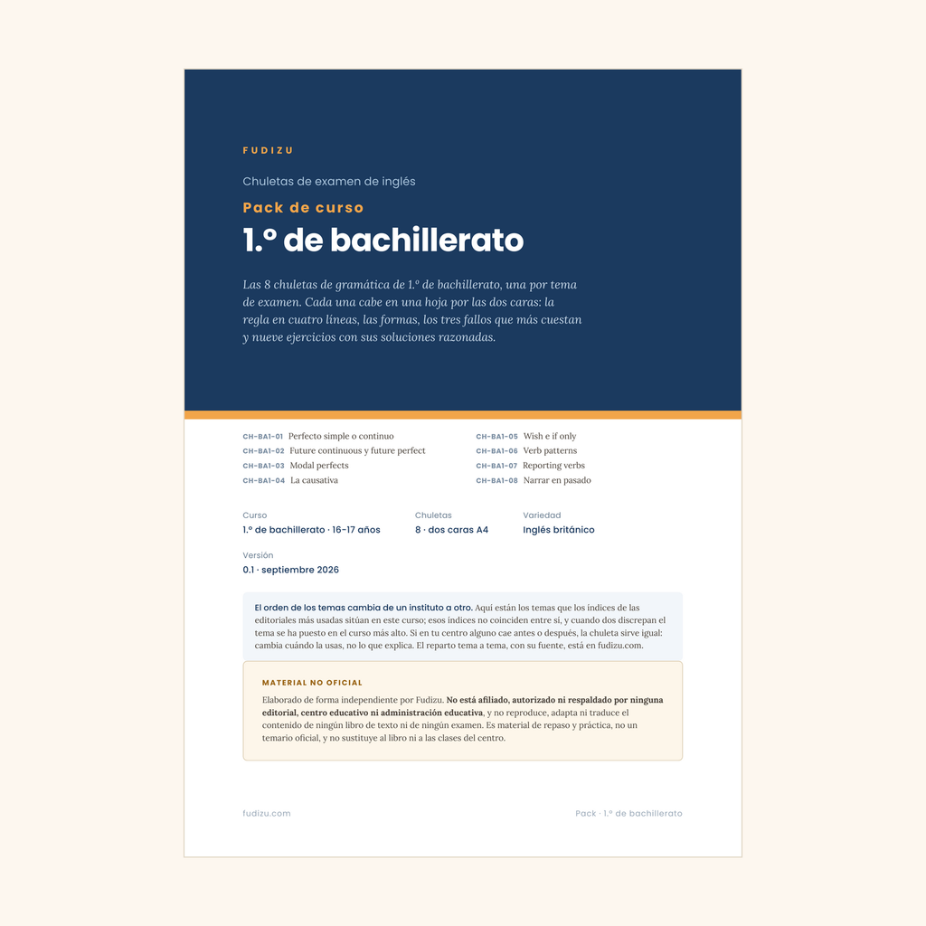 Pack de 8 chuletas de gramática inglesa de 1º Bachillerato