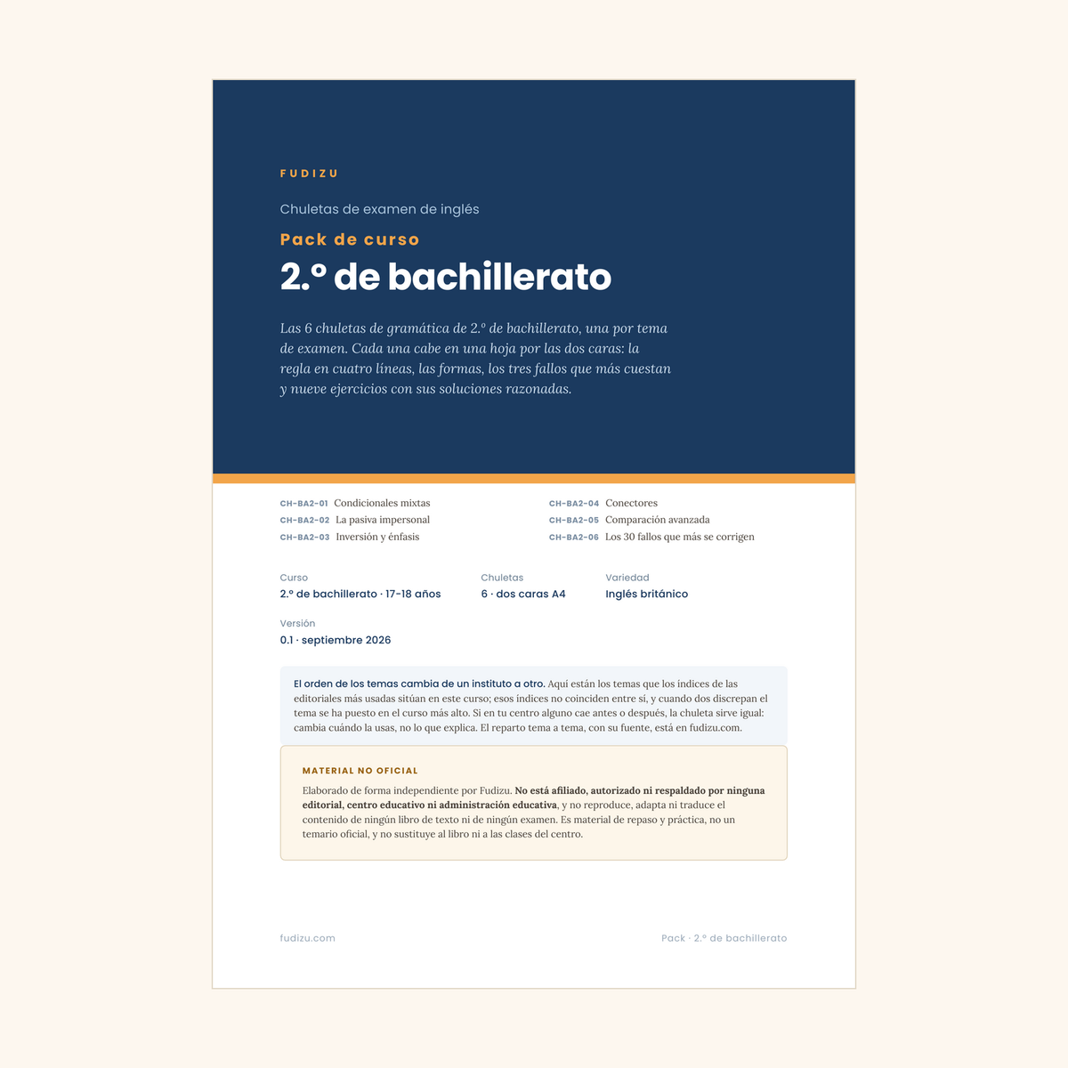 Pack de 6 chuletas de gramática inglesa de 2º Bachillerato